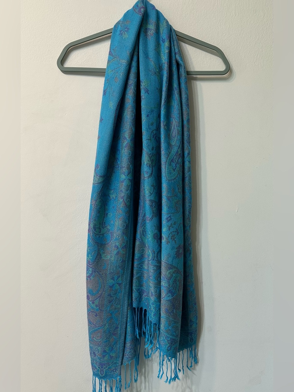 Blue Purple Green Paisley Knit Rectangle Scarf Women's Fringe Viscose Wrap Shawl